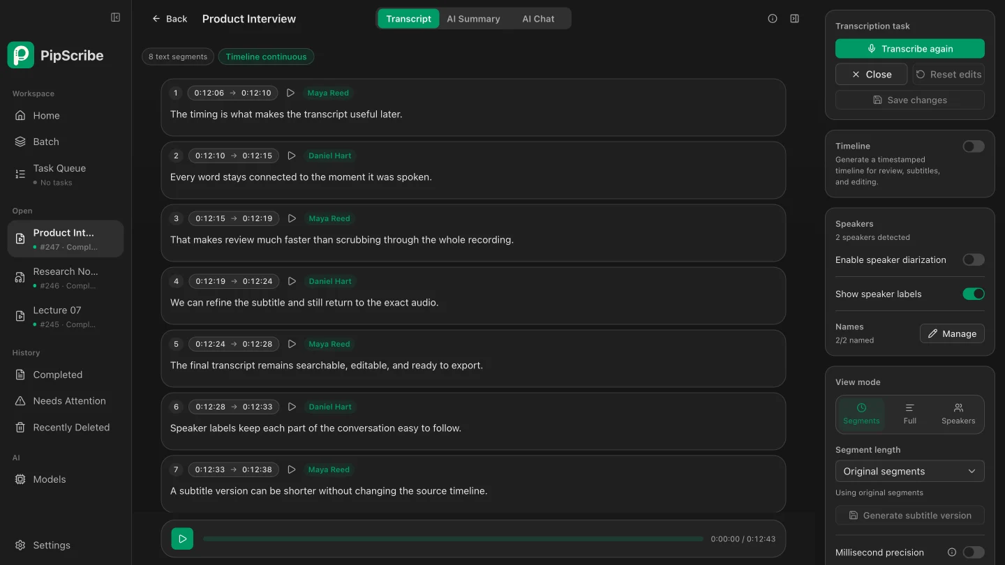 PipScribe word-level timeline and transcription workspace